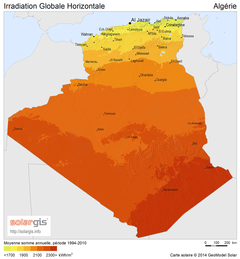 خريطة  الإشعاع الشمسي الأفقي بالجزائر