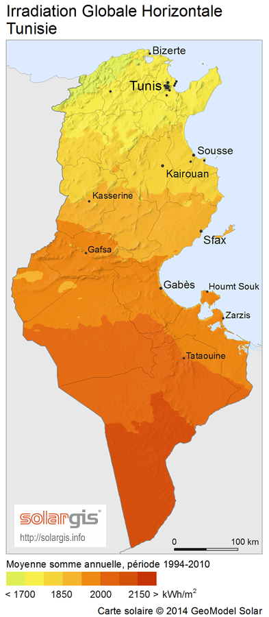خريطة الإشعاع الشمسي الأفقي بتونس