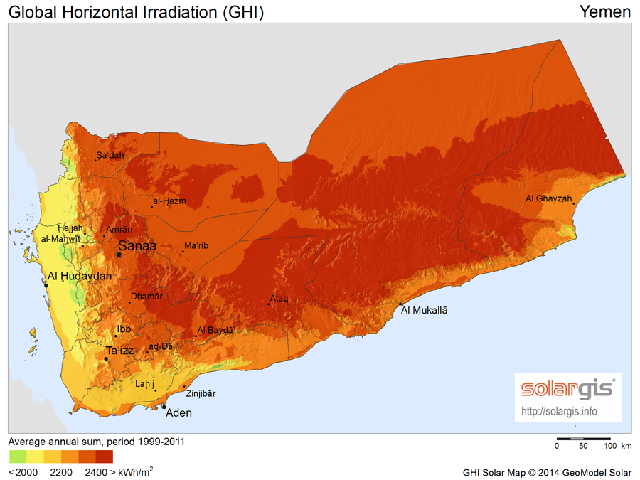 خريطة الإشعاع الشمسي الأفقي باليمن